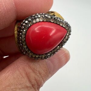 Glamorous Red Teardrop Ring with Silver and Gold Details